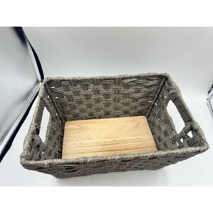 Whitmor Split Rattique Small Shelf Tote Storage Basket With Wood Tray On Bottom